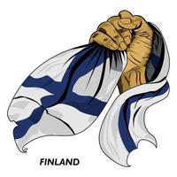 Fisted hand holding Finnish flag. Vector illustration of Hand lifted and grabbing Finns flag. Flag draping around hand. Eps format