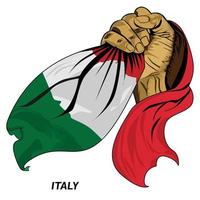 Fisted hand holding Italian flag. Vector illustration of Hand lifted and grabbing flag. Flag draping around hand. Eps format