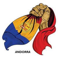 Fisted hand holding Andorran flag. Vector illustration of Hand lifted and grabbing flag. Flag draping around hand. Eps format