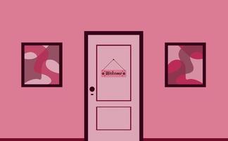 Door with welcome sign decorated with stars on it and paintings hanging on the wall. Interior in Viva Magenta trending colour scheme of 2023. Vector illustration.
