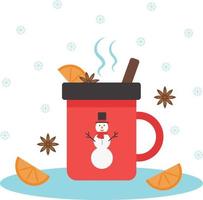 Mulled wine with orange slices, cinnamon and anice in red mug with snowman isolated on the white background with snowflakes. Winter season hot drink with ingredients. Christmas and New Year concept. vector