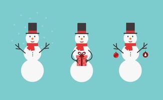 Snowman winter holidays set isolated on blue background. Three snowmen in hats and scarfs with snowflakes, gift box and Christmas balls. Christmas and New Year celebration. Vector illustration.