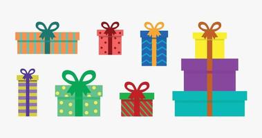 Colorful gift boxes vector set isolated on white background. Beautifully wrapped presents in various bright, striped, spotted boxes tied ribbons. Birthday, Christmas and other holidays celebration.