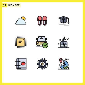 9 Filledline Flat Color concept for Websites Mobile and Apps car motherboard shoes cpu chip Editable Vector Design Elements