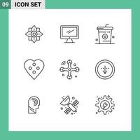 Set of 9 Vector Outlines on Grid for heart button dress button pc button food Editable Vector Design Elements