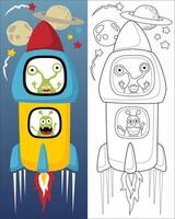 ilustración vectorial de dibujos animados de extraterrestres en cohetes en el fondo de los planetas, libro de colorear o página para niños vector