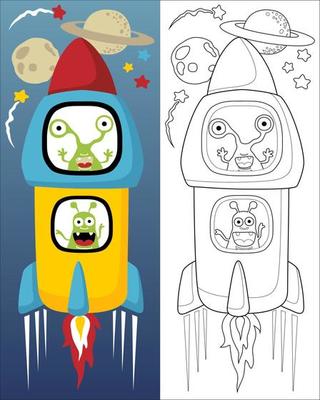 Vector illustration of aliens cartoon in rocket on planets background, coloring book or page for kids
