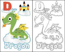 Cartoon of dragon with castle on clouds, coloring book or page vector