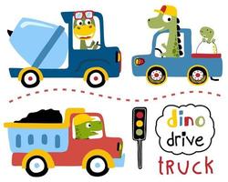 Vector set of dinosaurs cartoon driving trucks