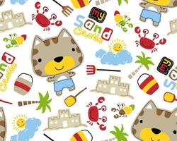 Seamless pattern vector of beach summer holiday elements cartoon with cute kitten