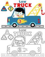Vector illustration of little boy cartoon driving tow truck in road with traffic signs, coloring book or page