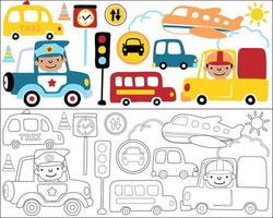 Vector set of traffic elements cartoon with funny driver, coloring book or page