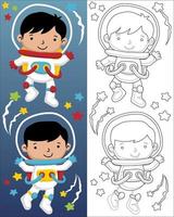 Vector illustration of astronauts cartoon character, coloring book or page