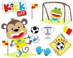 Cartoon of monkey and frog playing soccer. Funny animals with soccer elements vector