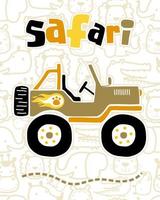 ilustración vectorial de dibujos animados de coche safari sobre fondo de animales de patrones sin fisuras vector