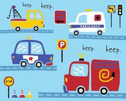 Vector set of hand drawn rescue vehicles cartoon in road with traffic signs, traffic elements illustration