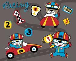 Vector set of funny bear cartoon in car racer costume, car racing elements