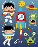 vector illustration of astronauts cartoon characters in outer space with aliens, spaceship and planets