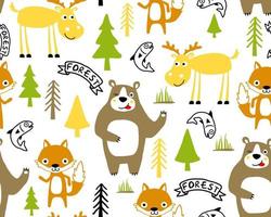 Vector seamless pattern of hand drawn funny animals cartoon, forest elements illustration