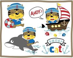 Vector set of little cat cartoon in sailor uniform, marine animals and sailboat, sailing elements on rope frame border