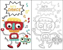 Vector of funny robot cartoon dancing while carrying tape recorder, coloring book or page