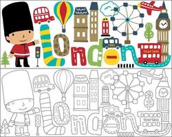 Vector set of cityscape London elements cartoon with little royal guard, coloring book or page