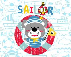 vector of funny koala cartoon in sailor uniform in lifebuoy on seamless pattern of sailing elements illustration