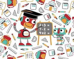 Seamless pattern vector of school supplies elements illustration, funny robots cartoon studying mathematics