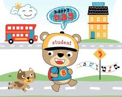 Vector cartoon of funny bear with cat going to school, back to school theme cartoon