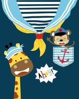 Vector of funny giraffe and monkey wearing sailor hat in sailor apparel pattern