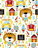 Seamless pattern vector of  school elements cartoon with funny leopard