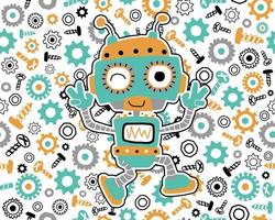 Seamless pattern vector of robot cartoon on bolt, nuts and gear background