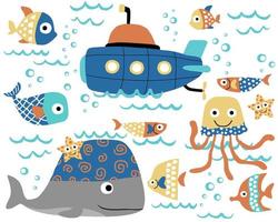 Vector set of hand drawn marine animals in colorful ornament with submarine