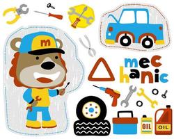 Cartoon of lion in mechanic costume with car and mechanic tools. Car mechanic elements illustration vector