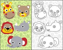 dibujos animados de animales lindos cara de sonrisa en el fondo de las hojas, libro de colorear o página vector