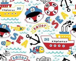 Seamless pattern vector of hand drawn sailing elements cartoon, cute fox in sailor cap