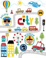 Vector set of cityscape elements cartoon with funny cop and worker