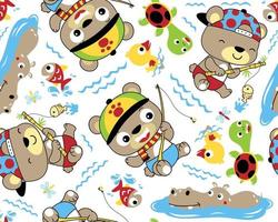 Vector seamless pattern of cute bear fishing, hippo, duck and turtle