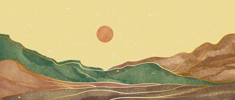 creative minimalist hand painted illustrations of Mid century modern. Abstract contemporary aesthetic backgrounds landscapes with Mountain, hill, sunset, sea. vector illustrations