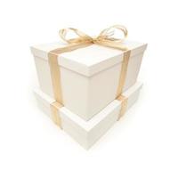 Stacked White Gift Boxes with Gold Ribbon Isolated photo