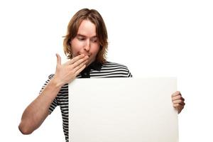 Fun Young Man Holding Blank White Sign photo