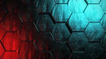 Colorful abstract hexagon background. Moving metal hexagons with incident red and blue light. The concept of futuristic technology. 3d rendering photo