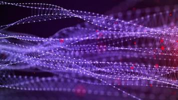 Dna from a moving wave and particles. Abstract dark background. Medical science. Biotechnology. The concept of a gene cell. Purple dots. 3d rendering photo