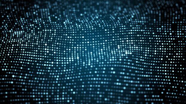 A wave of glowing particles. Dynamic dark background with blue dots. Visualization of big data. 3d rendering. photo