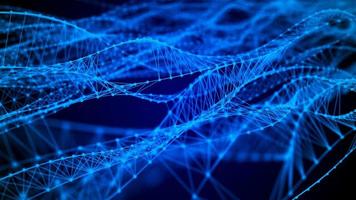 The structure of DNA. Medicine, science and technology. Blue background with a wave of lines and particles. The concept of a gene cell. Big data. 3d rendering photo