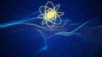 una molécula de átomo brillante sobre una ola de partículas. visualización de grandes datos. ciencia y Tecnología. fondo oscuro futurista con partículas en movimiento. representación 3d foto