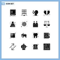 paquete de 16 signos y símbolos de glifos sólidos modernos para medios de impresión web, como elementos de diseño de vectores editables humanos de corazón de servidor de amor de libro