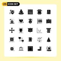 Mobile Interface Solid Glyph Set of 25 Pictograms of card room internet bath code Editable Vector Design Elements