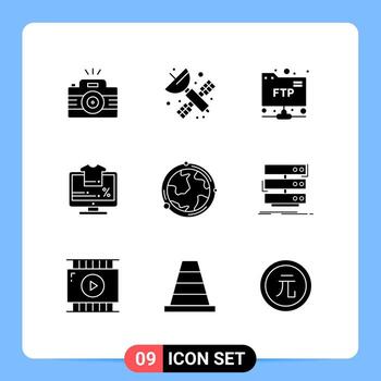 9 Universal Solid Glyphs Set for Web and Mobile Applications globe sale science percentage monitor Editable Vector Design Elements
