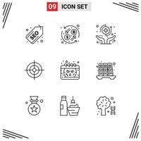 Universal Icon Symbols Group of 9 Modern Outlines of date target hands interface protect Editable Vector Design Elements